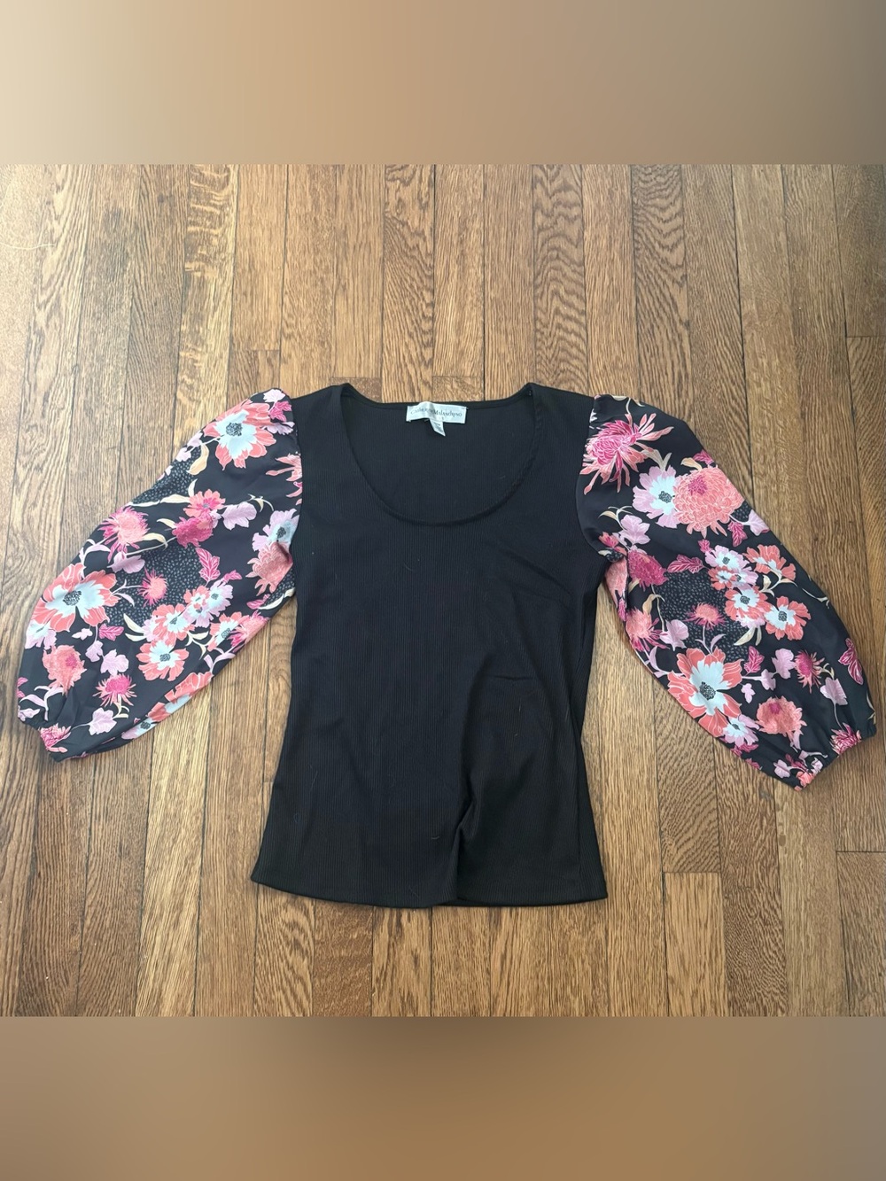 Catherine Malandrino Black Ribbed Top with Pink Floral Puff Sleeves